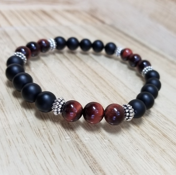 Black Onyx & Red Tiger Eye Stretch Bracelet - Picture 6 of 7